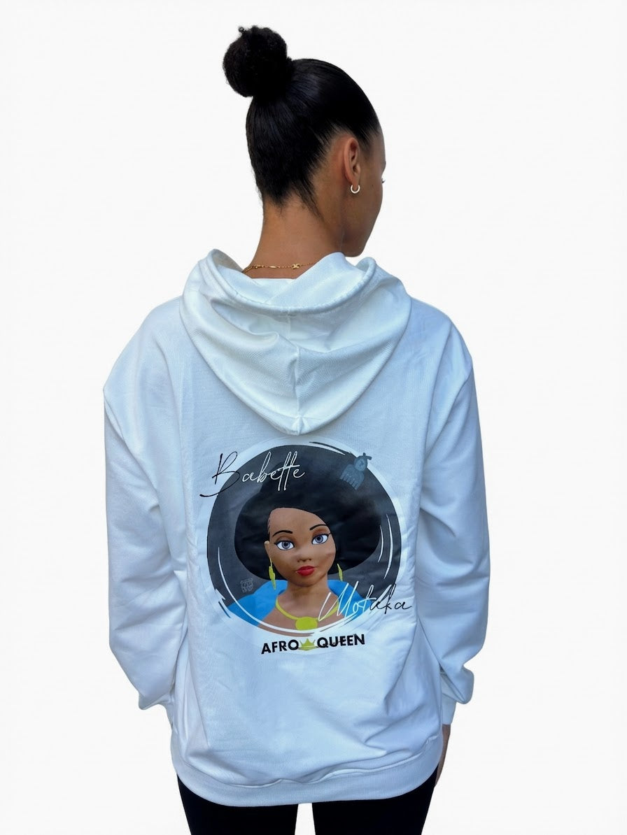 Sweat à Capuche Babette Motuka AfroQueen couleur Blanche👑, Mixte Homme Femme, Blanc, Tailles S/M/L/XL/XXL