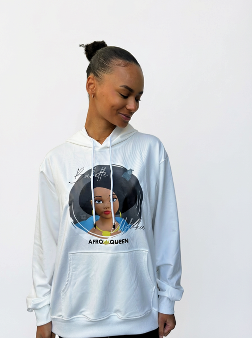 Sweat à Capuche Babette Motuka AfroQueen couleur Blanche👑, Mixte Homme Femme, Blanc, Tailles S/M/L/XL/XXL