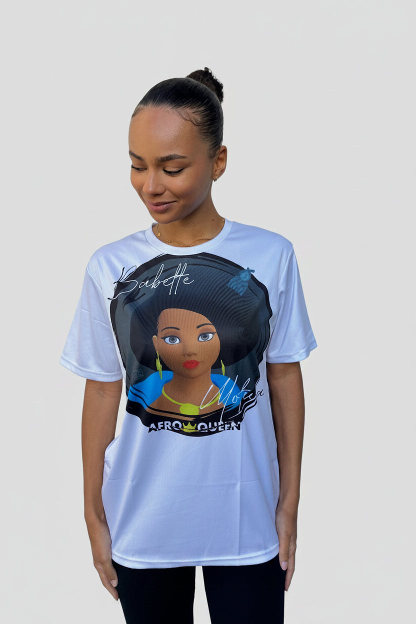 T-shirt Babette Motuka AfroQueen couleur Blanc 👑, Unisexe, Manche Courte, Coupe Classique, Noir, S-XXL, Coupe Regular, Casual, Col Rond