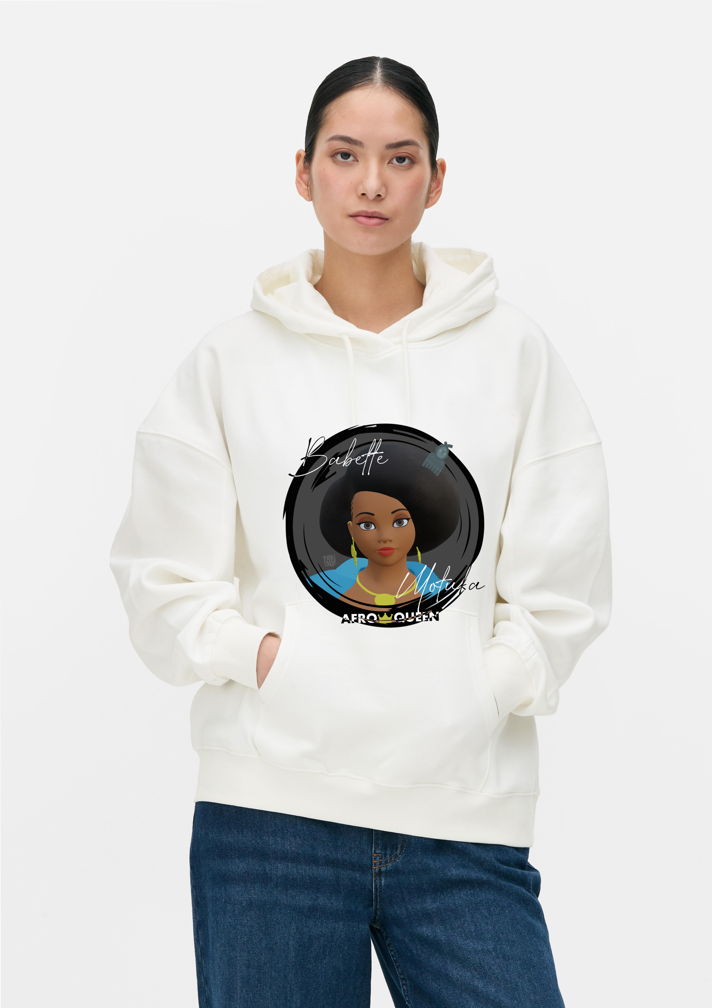 Sweat à Capuche Babette Motuka AfroQueen couleur Blanche👑, Mixte Homme Femme, Blanc, Tailles S/M/L/XL/XXL