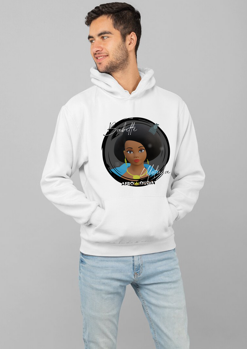 Sweat à Capuche Babette Motuka AfroQueen couleur Blanche👑, Mixte Homme Femme, Blanc, Tailles S/M/L/XL/XXL
